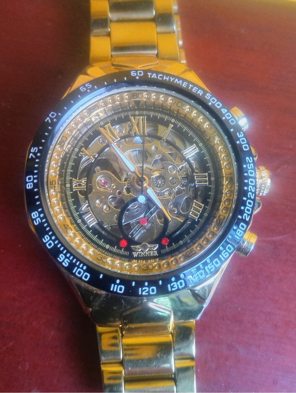 Winner Mens Automatic Mechanical Skeleton Watch Gold Link Black Bezel TM432